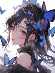 The graceful butterfly goddess is in the tranquil forest, her wings are a kaleidoscope of natural colors, symbolizing transformation and beauty in the blooming flowers and whispering grass.