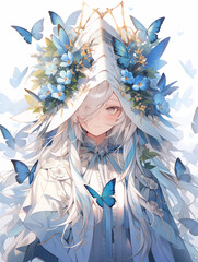 The graceful butterfly goddess is in the tranquil forest, her wings are a kaleidoscope of natural colors, symbolizing transformation and beauty in the blooming flowers and whispering grass.