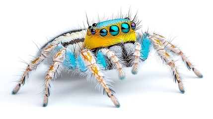 Fototapeta premium Vibrant Blue and Yellow Jumping Spider Macro Photography