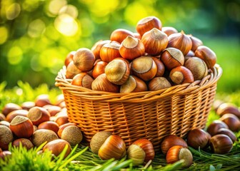 Close-up: Golden hazelnuts (Corylus avellana) bask in sunlight within a wicker basket, grassy backdrop.