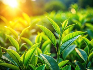 Fototapeta premium Close-up of vibrant green tea leaves glistening with morning dew, organically grown and bathed in sunlight.