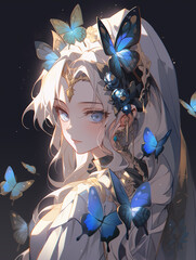 The graceful butterfly goddess is in the tranquil forest, her wings are a kaleidoscope of natural colors, symbolizing transformation and beauty in the blooming flowers and whispering grass.