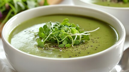 Creamy broccoli soup with microgreens garnish in white bowl