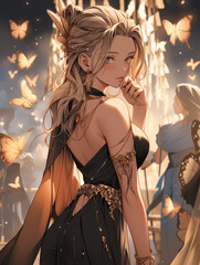 The graceful butterfly goddess is in the tranquil forest, her wings are a kaleidoscope of natural colors, symbolizing transformation and beauty in the blooming flowers and whispering grass.