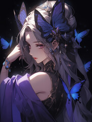 The graceful butterfly goddess is in the tranquil forest, her wings are a kaleidoscope of natural colors, symbolizing transformation and beauty in the blooming flowers and whispering grass.