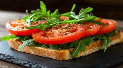 An open-faced sandwich topped with fresh tomatoes, arugula, and a sprinkle of cracked black pepper, displayed on a slate plate with a rustic background.