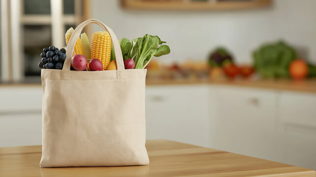 Beige reusable shopping bag filled with fresh groceries like corn, grapes, and lettuce standing on a kitchen table