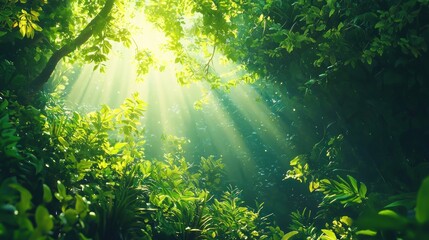Obraz premium Lush Green Tropical Rainforest with Sunbeams