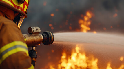 Visual Representations of Wildfire Devastation Theme, firefighter using hose nozzle to combat flames in dramatic scene