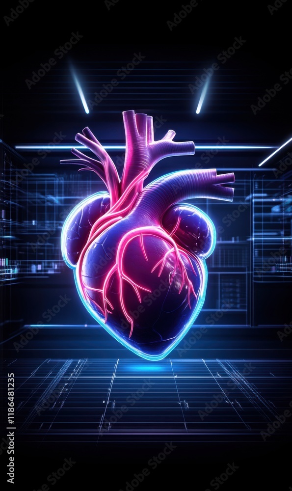 Poster digital visualization of human heart with neon glows in high-tech laboratory environment