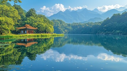 Fototapeta premium Serene Mountain Lake with Pavilion Reflection