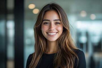 Fototapeta premium Young happy businesswoman in office looking at camera. Generative AI