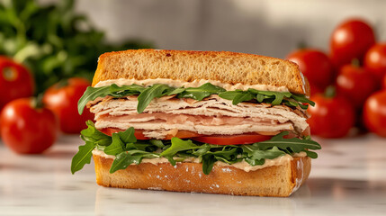 Stacked sandwich brimming with arugula, tomatoes, and creamy dressing, presented on a marble surface with fresh tomatoes in the background.