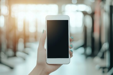 Hand Holding Blank Smartphone in Modern Gym Environment