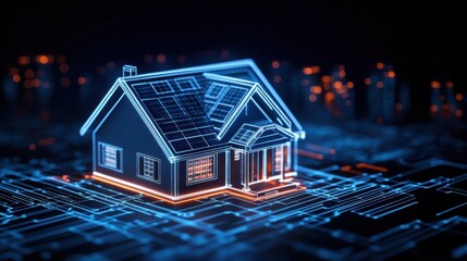 Futuristic Smart Home Concept with Solar Panels and Digital Circuit Background for Modern Living Environment