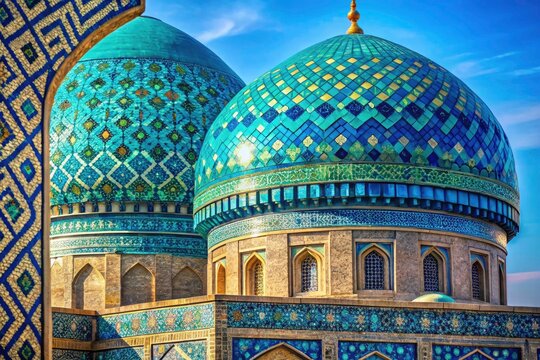 Cyan, blue, and turquoise bokeh illuminates the Buhara Dome mosaics within Uzbekistan's Mir-i-Arab Mosque.
