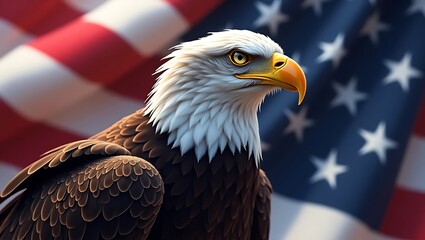 Naklejka premium Wavy American flag with an eagle symbolizing strength and freedom . 4th of July Memorial or Independence day background