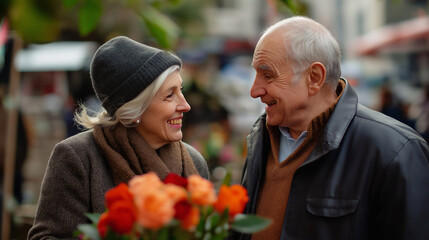 Obraz premium Happy retired couple choosing fresh roses at outdoor flower market, enjoying retirement together