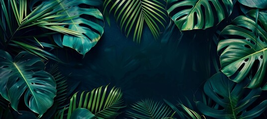 Fototapeta premium Dark background with lush palm leaves, ideal for exotic-themed projects.