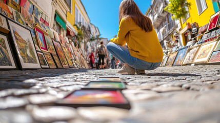 Naklejka premium Fisheye view of a woman crouching and admiring paintings displayed on a cobblestone street at an outdoor art market in a historic European city