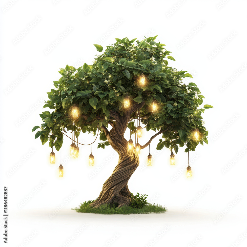 Poster tree with glowing lanterns, creating magical and serene atmosphere
