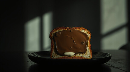 A slice of bread with chocolate spread and butter, dramatically lit against a dark background.  Perfect for food blogs or culinary websites.