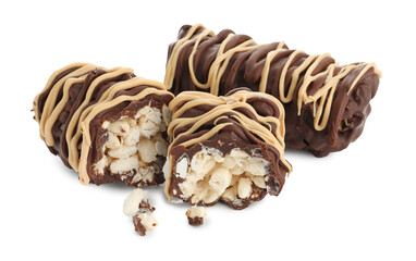 Delicious chocolate puffed rice bars isolated on white