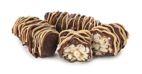 Delicious chocolate puffed rice bars isolated on white
