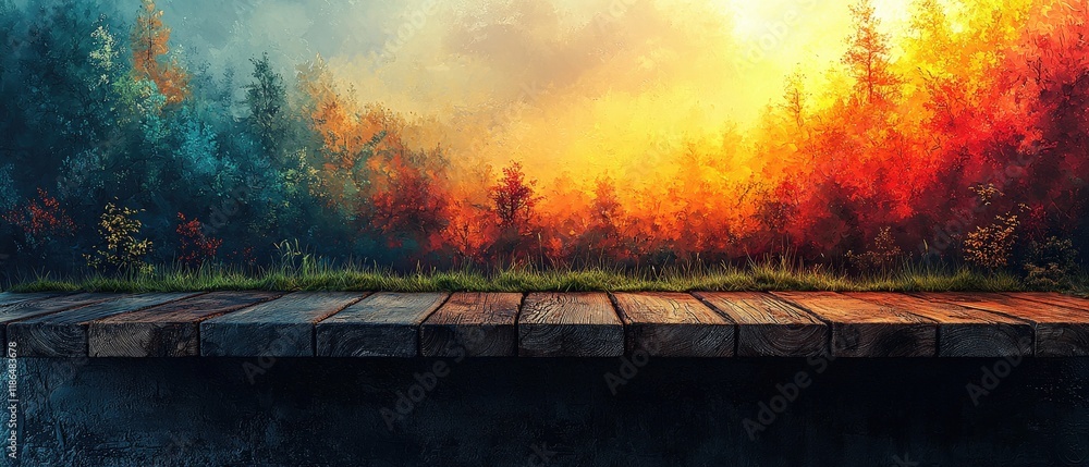 Poster empty wooden table with autumn forest background. ideal for product placement showcasing autumn them