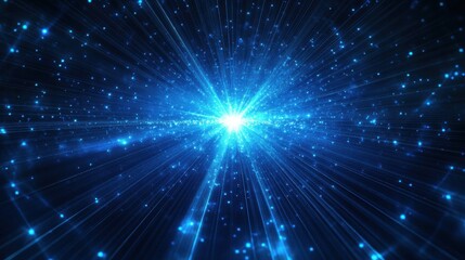 Fototapeta premium Blue abstract background with light effects: Glowing light rays radiating across a deep blue abstract background, creating a mesmerizing and energetic visual.