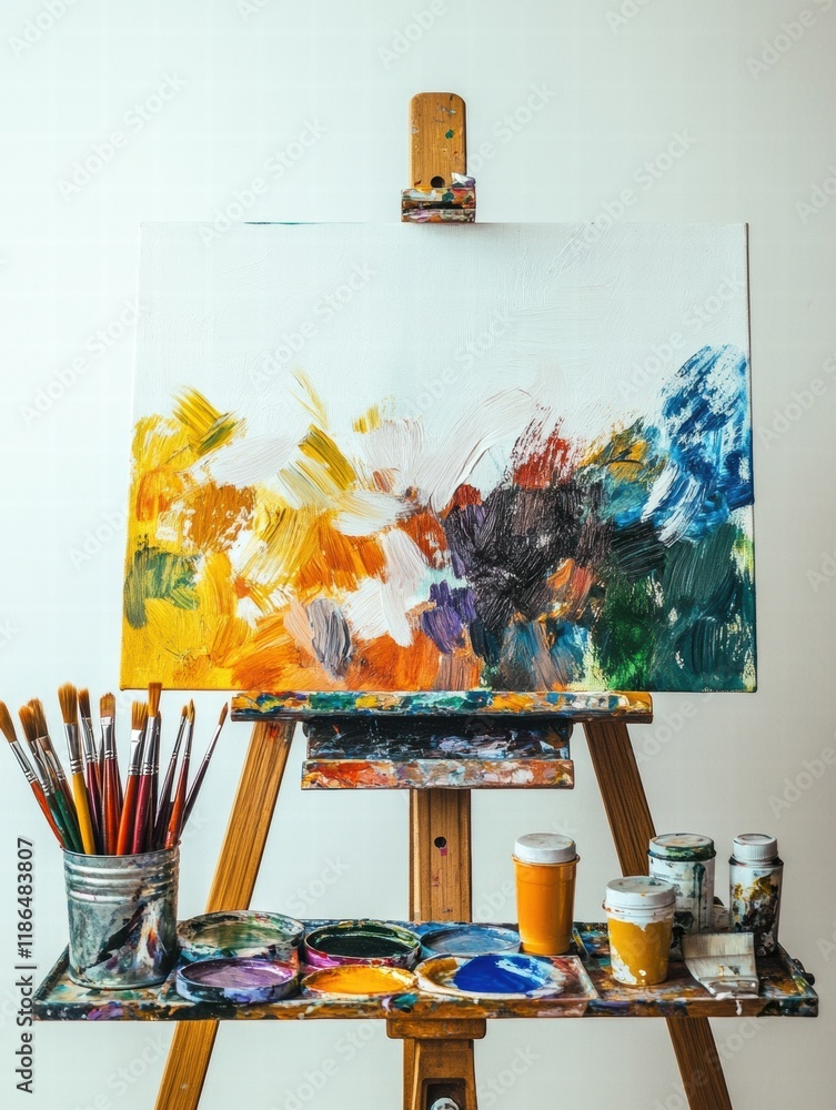 Poster Creative artistic workspace with vibrant paint palette, brushes, and an easel displaying a colorful canvas. Generative AI