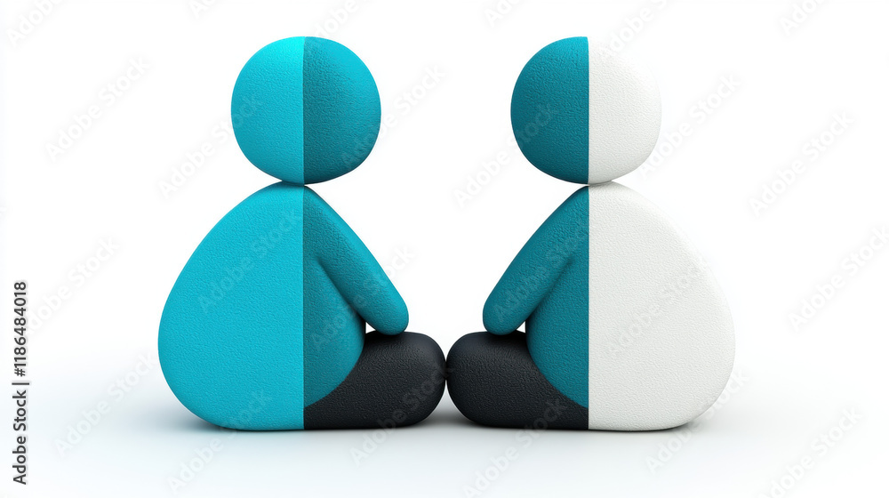 Poster relationship, a high fidelity 3d rendering of two figures sitting back-to-back, suitable for artisti
