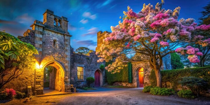 Dublin's Monkstown Castle, bathed in moonlight, showcases springtime chestnut blooms.