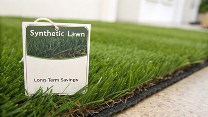 A synthetic lawn with a price tag showing long-term savings.