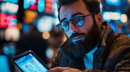 Focused on the Data: A concentrated businessman with a neatly trimmed beard and eyeglasses, engrossed in a digital tablet amidst a backdrop of flickering data displays.