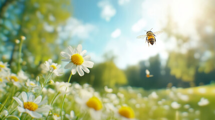 Honey bee hovering near white daisies, gathering nectar under sunny summer skies with vibrant blooming meadow