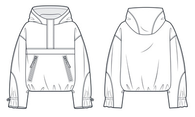 Anorak Jacket technical fashion Illustration. Nylon Jacket, Raincoat fashion flat technical drawing template, pocket, hood, drawstring, oversize, front, back view, white, women, men, unisex CAD mockup