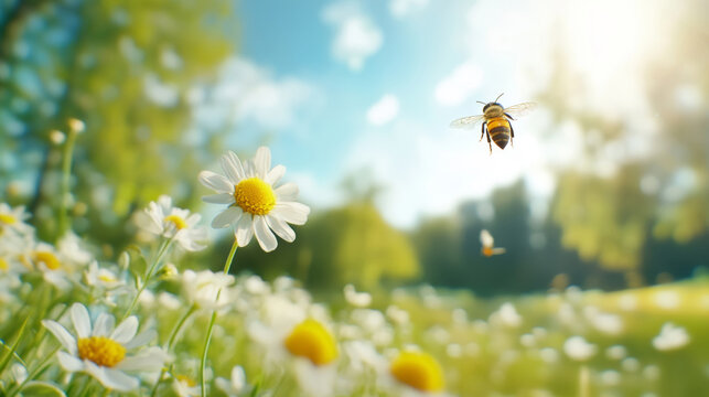 Honey bee hovering near white daisies, gathering nectar under sunny summer skies with vibrant blooming meadow