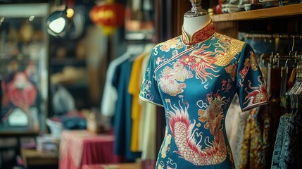 Obraz premium A cheongsam with a dragon motif, displayed on a mannequin in a traditional Chinese shop.