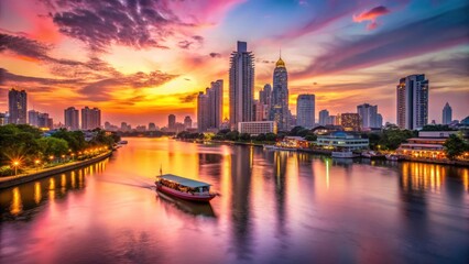 Obraz premium Experience breathtaking Bangkok: vibrant pink clouds, bustling river, city lights in stunning 4K bokeh.