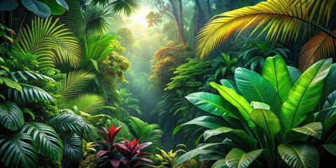 Exotic plants and vibrant jungle foliage thrive in this lush, tropical paradise.