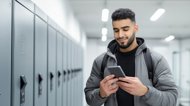 University student using a mobile phone while leaning against lockers in a bright school corridor, surrounded by a modern academic environment