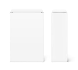 Realistic white closed paperboard box mockup. Front and side view. Vector illustration isolated on white background. Taking your 2D designs into 3D. Can be use for medicine, food, cosmetic. EPS10.
