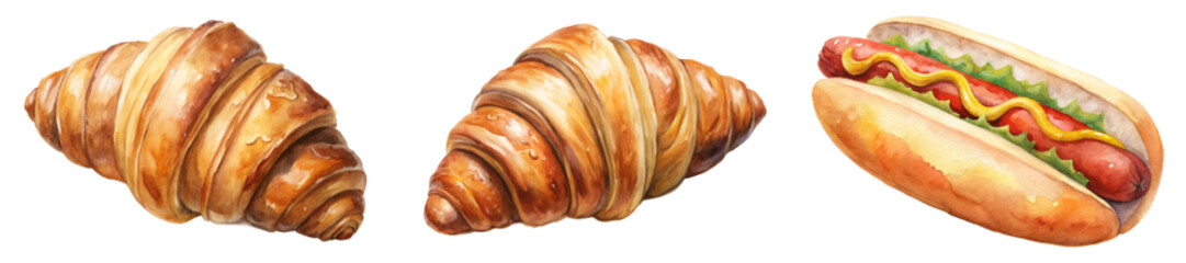 Delicious baked goods, flaky croissants, classic hot dog, appetizing food illustration, watercolor style.