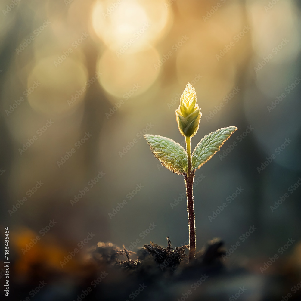 Poster Close-up of a vibrant seedling sprouting in sunlight with soft bokeh background