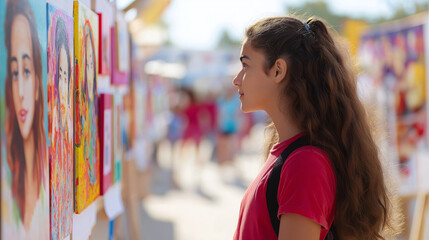 Young Middle Eastern student viewing outdoor art exhibition, engaging with contemporary creative displays, experiencing cultural artworks
