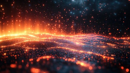 Obraz premium Glowing particles forming wavy landscape.