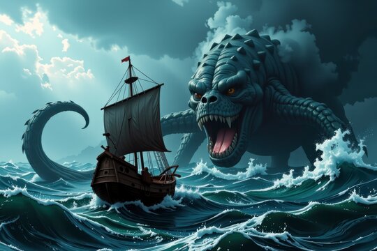 Imposing Sea Monster Threatening Ancient Sailing Ship in Stormy Ocean