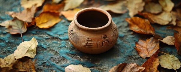 pottery, leaves, rustic background, earth tones, art, nature, decoration, traditional craft, warm colors, artistic composition A clay pot placed on a textured surface surrounded by dry
