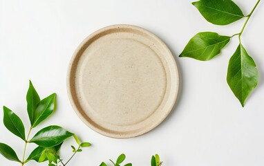 Biodegradable plate mockup isolated on white background. Compostable, eco friendly materials concept, conscious, sustainable, organic, natural, green, renewable, environmentally safe, decomposable